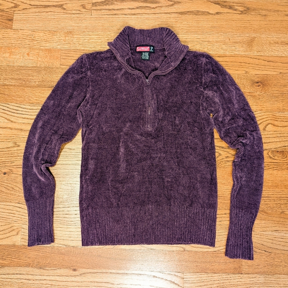 Say What Junior's Sweater Purple Quarter Zip Chenille Cozy Pullover Size XL